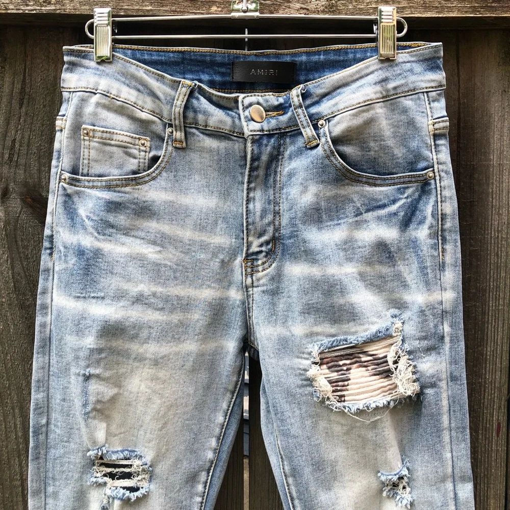 Amiri MX1 Jeans Distressed Ribbed Patchwork Size 29 Light Wash Skinny Stretch